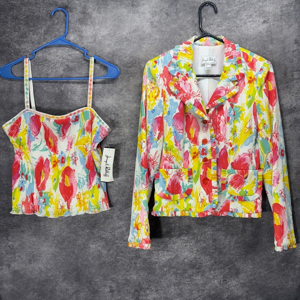 Joseph Ribkoff 2 Piece Blazer Tank Top Set Womens 8 Bright Floral Plisse Crinkle
